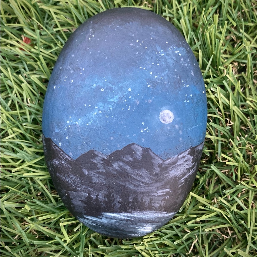 Night Sky Mountain Lake Hand Painted River Rock 3”